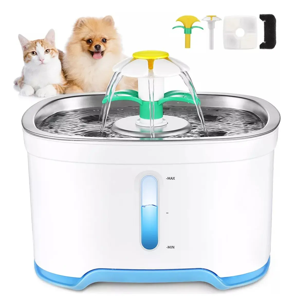 Fuente de Agua para Perros y Gatos con Luz LED y Bandeja de Acero Inoxidable